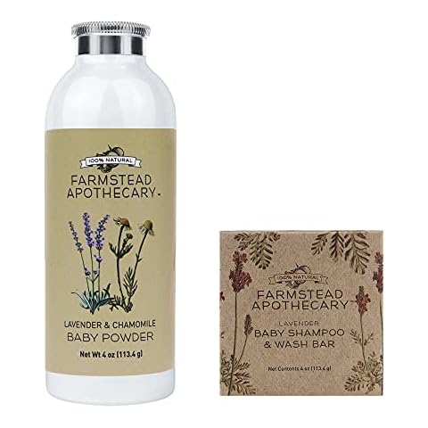 Farmstead Apothecary 100% Natural Baby Powder (4 oz) and Baby Shampoo & Wash Bar (4.5 oz) with Organic Tapioca Starch, Non-GMO Sodium Cocoate (Coconut), Organic Jojoba Seed Oil (Bundle) Cover