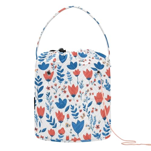 Bolsas pequeñas de hilo con patrón de tulipanes rojos y azules con agujeros, almacenamiento de agujas de tejer para tejer bolsas de agujas para hilos de ganchillo