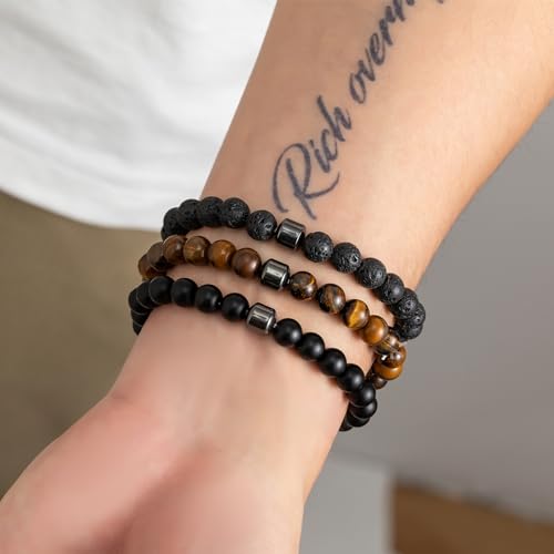 MOROTOLE Mens Beaded Bracelet Tiger Eye 8MM Natural Stone Beads Bracelet Set Adjustable Stretch Lava Rock Bracelets for Men Black Crystal Beaded Bracelets for Men Father Boyfriend Brother Gifts2