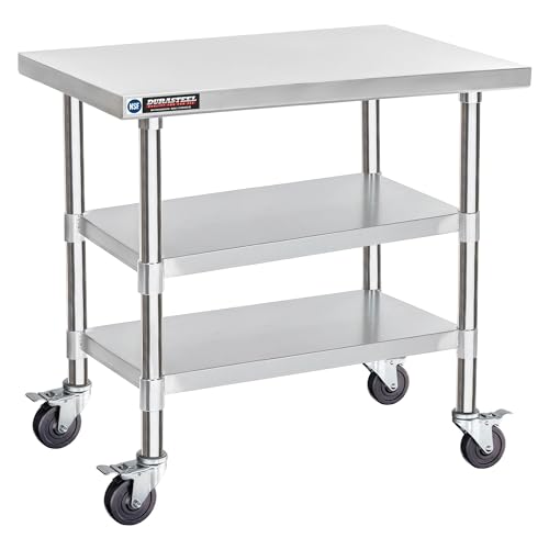 DuraSteel Stainless Steel Work Table 24" x 36" x 34" Height w/ 4 Caster Wheels - Food Prep Commercial Grade Worktable - NSF Certified - Good for Restaurant, Business, Warehouse, Home, Kitchen, Garage