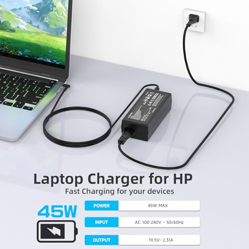 45W 19.5V 2.31A Laptop Charger Replacement for HP Stream 11 13 14; Pavilion x360; NoteBook; Probook; EliteBook; Chromebook; Zbook 14u 15u; Spectre X360 Series Smart Blue Tip 4.5mm Power Supply Cord