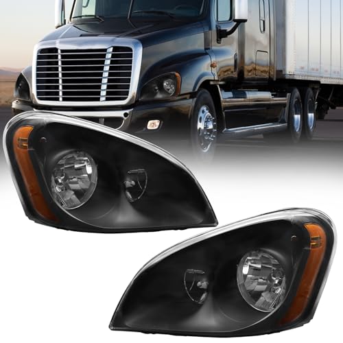 Sunhua Headlights Assembly Fit For 2008-2016 Freightliner Cascadia,Black Housing Headlamps,Left and Right Pair Set, Including Halogen bulbs