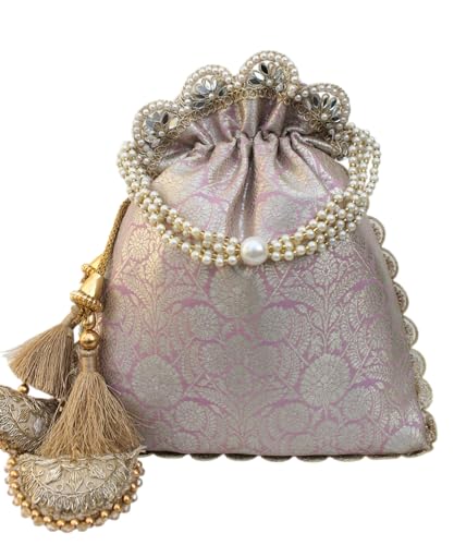 Image of MILAN'S CREATION Pure Banarasi Potli Silk Brocade Bag Purse Drawstring Women's handbag with Pearl Handle & Tassel Weddings