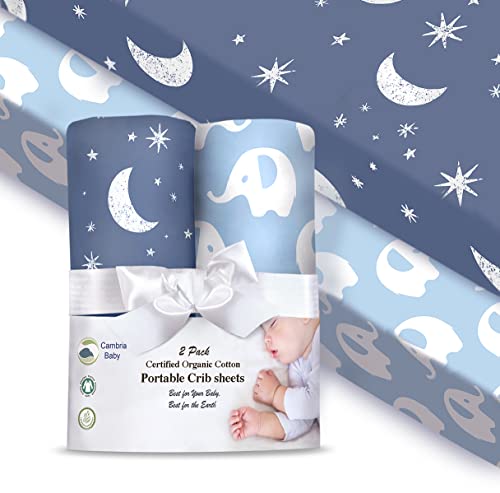 Image of 100% Organic Cotton Fitted Sheets for Graco Pack n Play, Babyletto, Pamo Babe, Hiccapop, Dream on Me, Evenflo, Baby Trend, Hygge Hush Portable/Mini Crib/Playards, Beka Bedside Bassinet for Boy 2 Pk