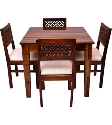 Image of Sheesham Wood Oval Dining Table with Cushion Chairs Set for Home Hall | Solid Wood Dinner Table with Chairs for Hotels | Dining Room Sets (Honey Finish, 4 Seater)