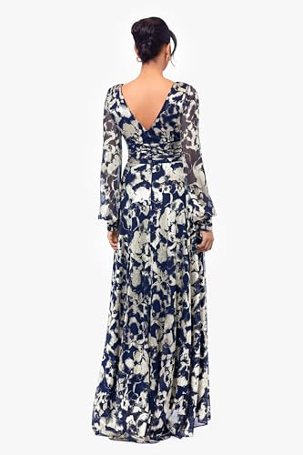 Image of Betsy & Adam Floor Length Metallic Foil V Neck Gown with Long Mesh Sleeves