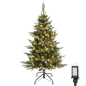 4 ft Prelit Christmas Tree with Cypress Leaf 150 LED Lights, 318 Branch Tips & Metal Stand Slim Pencil Christmas Decoration Tree for Indoor and Outdoor Narrow Space