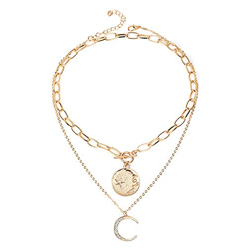 Preisvergleich Produktbild Gleamart Mond Doppel Layered Halskette Disc Münze Halsband für Frauen Gold