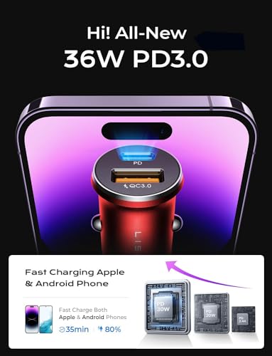 Image of LISEN 2-Pack USB C Car Charger Adapter Fast Charge, 48W All Metal Cigarette Lighter USB Charger for iPhone 15 Smallest Flush Car Charger USB C for iPhone 14 Pro Max 13 12 Galaxy S23 /22 iPad Pro-Red | Cigarette Lighter USB Charger, Car Accessories for Men Women Father, All Metal USB Car Charger, 2-Pack, Red