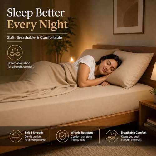 Image of Blue Strip Fitted Bedsheet with 2 Pillow Covers, Beige, 72x78 Inch, 360 Elastic, Fits Double, Queen & King Beds up to 8 inch Deep