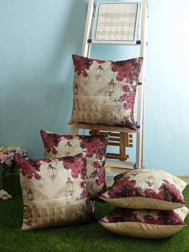 Image of ROMEE Designer Floral Printed Cushion Covers 16 inch x 16 inch Set of 5 | Decorative Square Jute Throw Pillow /Cushion Cover for Living Room, Sofa, Couch, Bedroom (Beige)