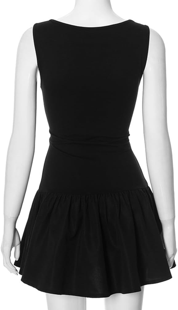 Women Sexy Crew Neck Flared Ruffle Hem Mini Dress Summer Sleeveless Slim Fit Solid Flowy A-Line Short Dresses - Image 7