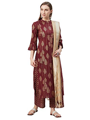 Image of INDO ERA Women's Pure Cotton Printed Straight Kurta Palazzo With Dupatta Set(IE21KS0GN1500)