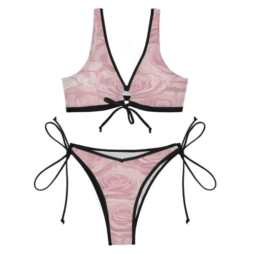 Bikini de cuerda con estampado de rosas rosadas para mujer 4