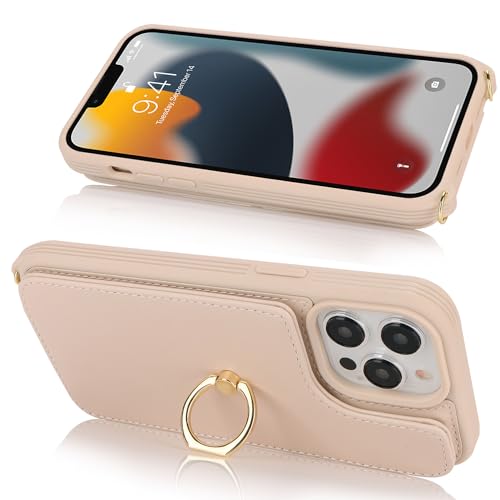Image of for iPhone 13 Pro Max /iPhone 12 Pro Max Case with Card Holder for Women,Crossbody Strap Lanyard,Credit Card Holder,Ring Stand,Snap Clasp,Wallet Case 6.7 inch (Beige)