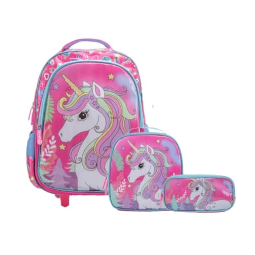 Kit Mochila Escolar Com Rodinhas Unicórnio Infantil Meninas (Azul)