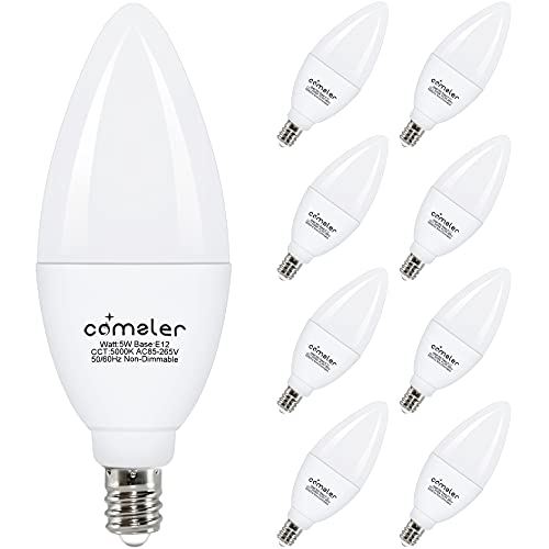 Comzler E12 LED Candelabra Bulb, 60 Watt Equivalent Ceiling Fan Light Bulbs, Daylight 5000K LED Chandelier Light Bulbs, Candle Bulb Small Base for Chandelier, Non Dimmable, Pack of 8