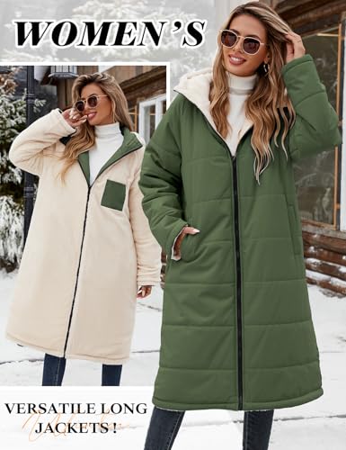 Vancavoo Wintermantel Damen Lang Winterjacke Warm Gefüttert Winterparka Winter Jacke Mantel Parka Steppmantel Daunenmantel mit Kapuze,Armee Grün,L
