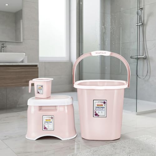 Image of RATAN PLASTICWARE Premia Bathroom Set (Bucket 25L X 1) + (Mug 1.5L X 1) + (Small Stool X 1) - Diaso Pink|Light Weight and Easy to Carry|Perfect for Use in Bathrooms, Kitchen & Wet Utility Areas