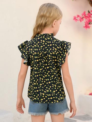 Image of Haloumoning Girls Ruffle Short Sleeve Floral Chiffon Blouses Kids Summer Shirts Tops 5-14 Years