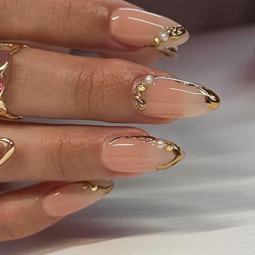 Image of Gold French Tip Press on Nails Nude Fake Nails Medium Almond False Nail with Pearl Rhinestone Design Glossy Glue on Nails Artificial Acrylic Nail 3D Gold Stick on Nail for Women Girls Manicure 24Pcs