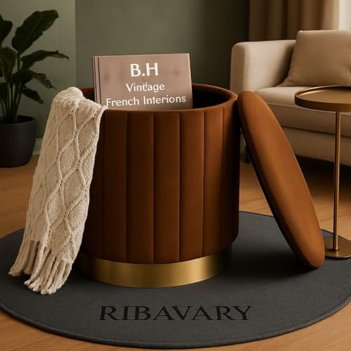 Image of Round Velvet Luxurious Storage Ottoman, Pouf with Storage Vanity Stool Chair,Upholstered Foot Rest Stool with Gold Strip Base for Living Room or Bedroom (Coffee, Medium- 36Dx36Wx40H)