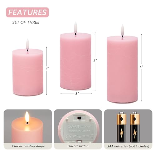 Image of Pink Flameless Pillar Candles, Real Wax Battery Operated Candles with Remote, Flat Top Flickering Flameless Candles, LED Candles for Home Party Wedding Romantic Night Decor, Set of 3
