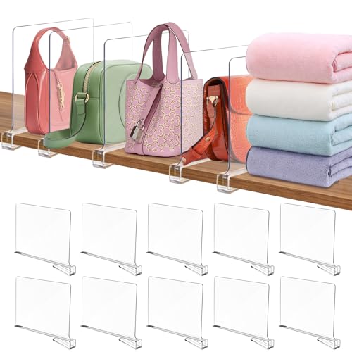 Shelf Dividers for Closet Organization, 12 Pack Clear Acrylic Closet Dividers Shelf Organizer for Wood Shelves, Bag Purse Clothes Sweater Shirt Storage Separator for Bedroom Wardrobe Kitchen