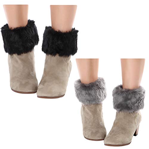 FAYBOX BRIDAL Invierno piel sintética de punto suave calentadores de piernas corto Boot Cuff Cover 2 Pairs(black + Dark Grey) Talla única