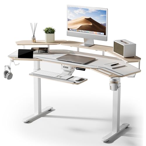 Image of EUREKA ERGONOMIC Standing Desk with Keyboard Tray, Large Music Studio Gaming Desk, Wing Shaped Sit Stand Table 72'', LED Convertible Shelves, Dual Motor&Slot, Maple