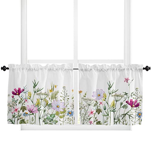 Spring Floral Tier Curtains 24 Inch Length, Farmhouse Colorful Floral Wildflowers Green Leaves Spring Kitchen Tier Curtains 2 Piece, Rod Pocket Window Treatment Tiers for Bedroom Cafe, 27.5”x24”