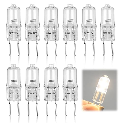 HOMTRAK Ampoule Halogène 50W G6.35/GY6.35 12V, Lot de 10 Ampoules Lampe Halogène 12V 50W pour Lustre,Sous-Meuble, Éclairage de Paysage, Appliques et Éclairage de Piste, Blanc Chaud 2750K, Dimmable