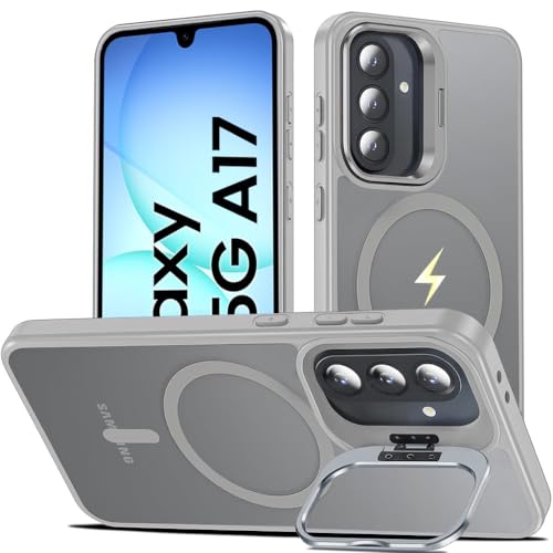Image of DIZORO Samsung Galaxy A17 Case Compatible with Wireless Charging, with Camera Stand, Military Grade Drop Tested,Translucent Hard Back Soft Edge Back Cover (Titanium)