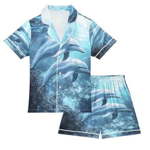 ALAZA Dolphin Ocean Blue Satin Pajamas Set Short Sleeve Button Down Sleepwear Summer Pjs 2 Piece