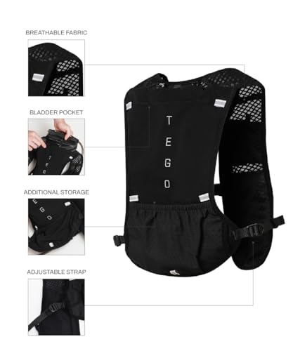 Image of TEGO Pacer Trail Hydration Vest | Hydration Pack for Running & Hiking | Adjustable Running Vest with Storage, Reservoir Pouch & Reflective Details |Compatible with Soft Flasks & 2L Bladder (Black)