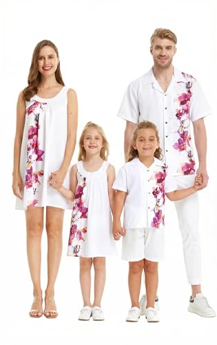 Image of Hawaii Hangover Family Matching Hawaiian Clothes, Watercolor Orchid White | Family matching Hawaiian outfits, Watercolor Orchid White, quick dry stretch fabric, machine washable, tropical floral print