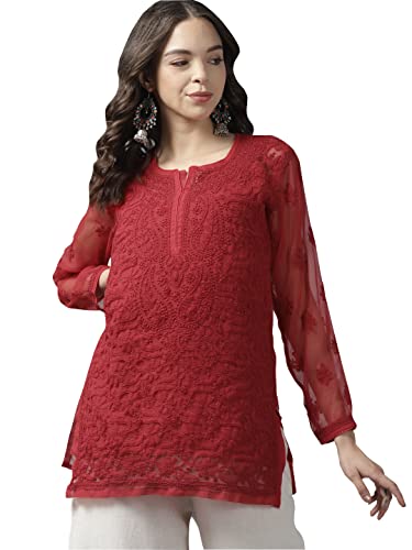Image of Ada Women's Georgette Regular Fit Chikankari Hand Embroidered Lucknowi Short Top Kurti with Slip A211683