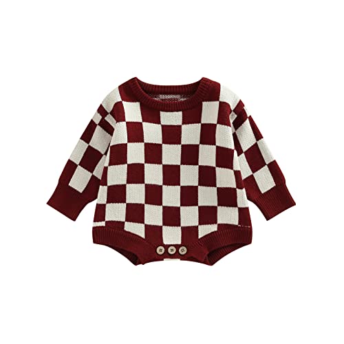 Fsadfeas Baby Sweater Newborn Girl Boy Knit Oversized Pullover Sweatshirt Romper Onesie Warm Fall Winter Clothes Outfit (Chessboard Plaid Claret,3-6 Months)
