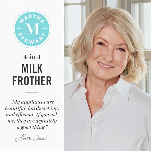 Image of Martha Stewart Milk Frother and Steamer, 10oz /300ml Glass Cup, 4 Presets (Cold Foam, Light, Dense & Hot Chocolate), Ready in 90 Seconds, Cordless Pouring, One-Touch for Hot and Cold Milk, Sky Blue