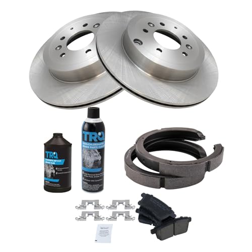 Image of TRQ Rear Brake Pad & Rotor Kit, with Chemical Kit Parking Brake Shoe Set Ceramic Compatible with 2007-2012 Mazda CX-9