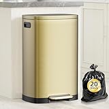 KdbK 13 Gallon Trash Can with Lid, 50L Fingerprint Proof Stainless Steel Kitchen Trash Can with Removable Inner Bucket and Lid Soft Close, Pedal Rubbish Bin for Home Office, Gold