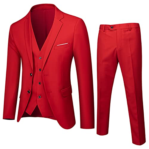 UNINUKOO Men Suits Slim Fit Dress 3 Piece 2 Button Wedding Formal Business Tuxedo Suit Jacket Pants Vest Set US Size XL Red2