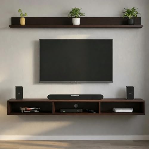 Image of DAS Russell Wall Mounted TV Unit with LED Lights & Storage Shelf | Modern Floating Entertainment Unit for Living Room | Wooden Finish Media Console for Set Top Box, Wenge up to 55 inch Screen