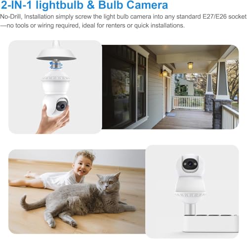 Image of Light Bulb Security Camera, 5G /2.4GHz WiFi Lightbulb Cameras Outdoor for Home Security,Smart AI Human Detection,Color Night Vision, 2-in-1 Bulb Security Camera with LED Light E27 Compatible (2Pack)