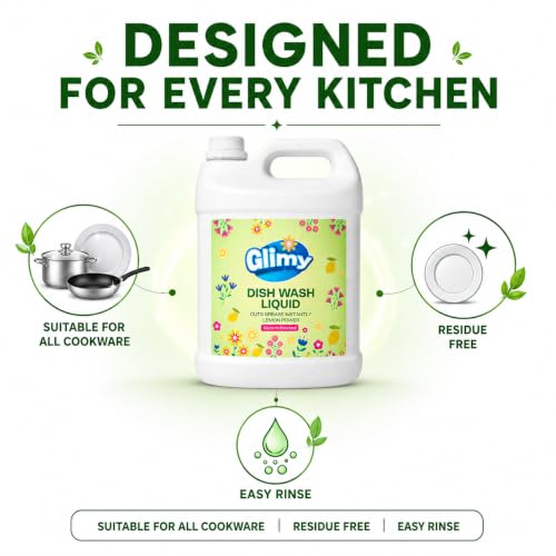 Image of GLIMY Dish Wash Liquid | 5.5 Litre Refill Pack | Glycerin Enriched | Coconut Based Surfactant | Powerful Grease Cutting | Safe on Hands | Kitchen Utensil Cleaner | Lemon Fragrance | Baby Safe