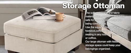 Image of TEKAMON 27.5 inch Storage Ottoman, Square Footrest with Sponge Padded Seat, Chenille Fabric Step Stool for Sofa, Bedroom, Living Room, Entryway, Modern Change Shoes Stool, Wood Legs, (Beige)