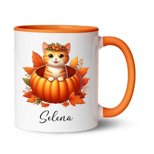 Personalized Orange Tabby Accent Mug, Unique Orange Tabby Cat with Pumpkin Coffee Cup, Customized Autumn Cat Ceramic Mug with Name, Gift for Men Women Pet Lover, Fall Kitten White Cup 11oz