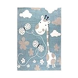 havatex Kinderteppich Giraffe - Blau | modernes Kinder-Motiv mit Schmetterlingen Blumen und Wolken | Öko-Tex Siegel | Kinderzimmer, Farbe:Blau, Größe:120 x 170 cm
