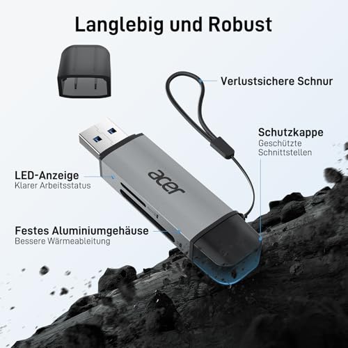 Acer SD Kartenleser, Dual USB 3.0 USB C Stecker Kartenlesegerät Aluminium – Ansicht 6