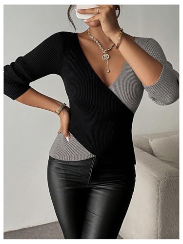 SOLY HUX Women's Color Block Deep V Neck Knitted Sweater Long Sleeve T Shirt Fitted Pullovers Tops4